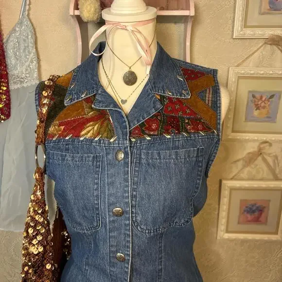 vintage denim embroidered button up vest - Picture 3 of 5